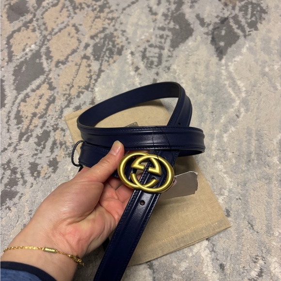 GUCCI BELT GG MARMONT ANTIQUE BRASS MEMORABLE BUCKLE BLUE AGATA WOMENS - Picture 2 of 9